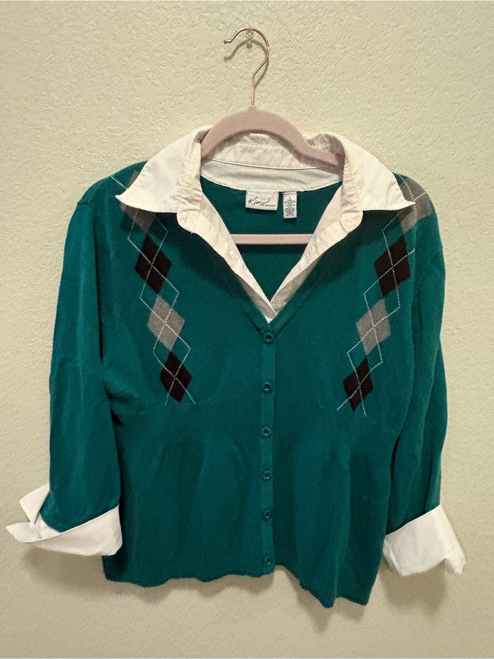 Kim Rogers Teal Argyle Button-Front Cardigan with White Collar